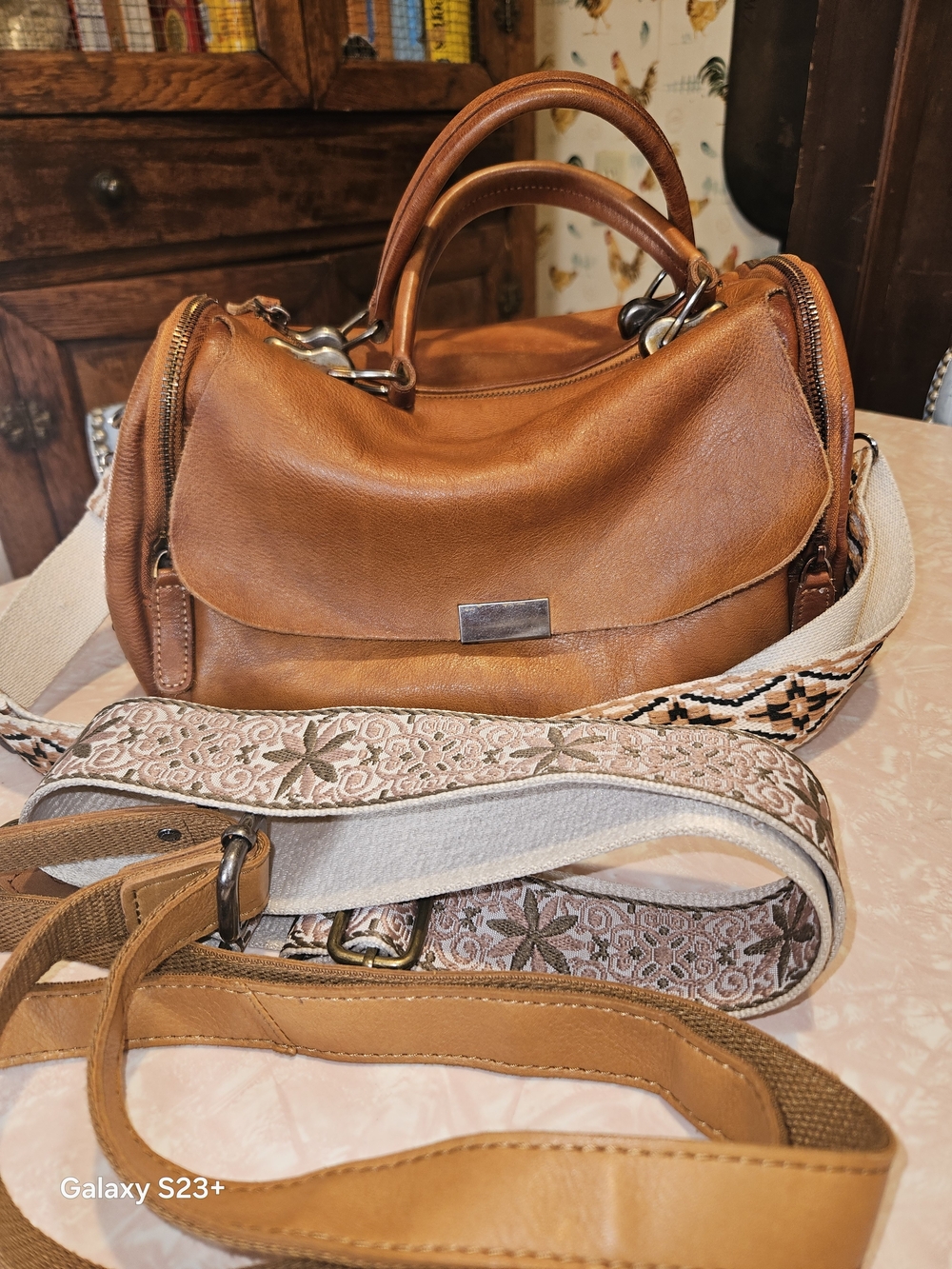 Women's Tan Leather Crossbody Satchel with Patterned Strap